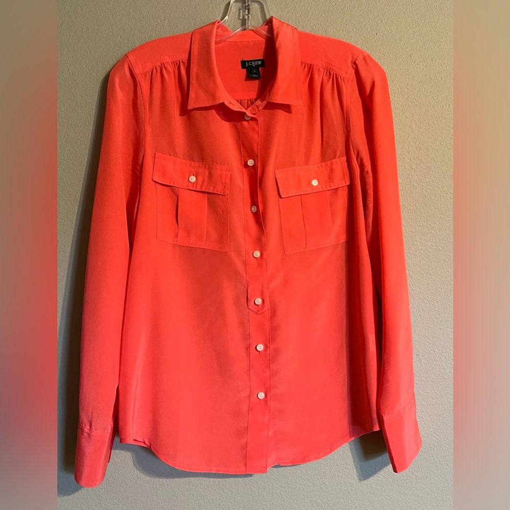 J Crew Women’s Coral Button Up Silk Shirt Size S